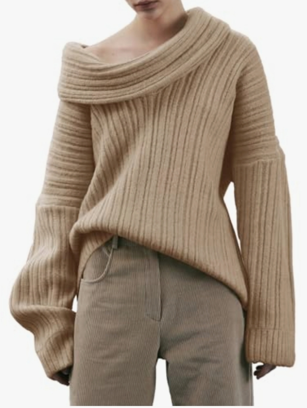 Cozy Off-Shoulder Ribbed Sweater - Taupe, Size Large, NWT